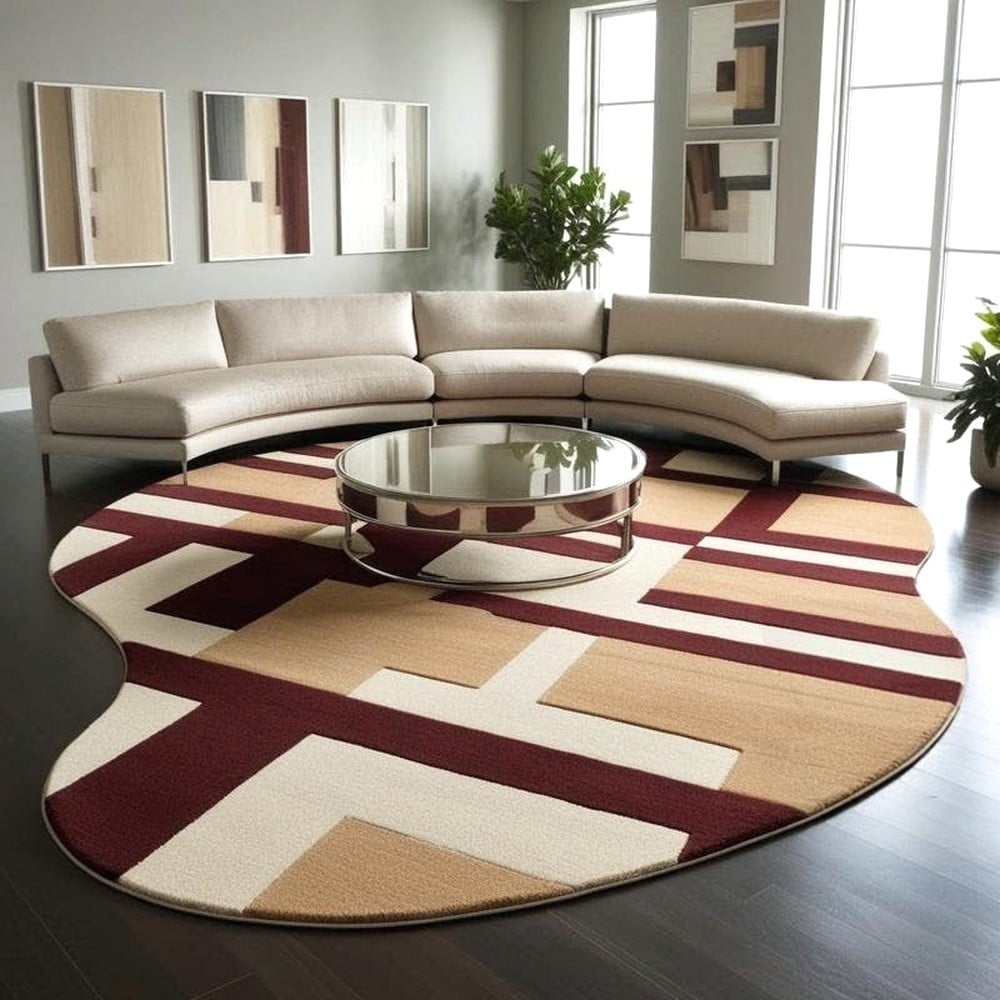 Handcrafted Beige Maroon Geometric Living Room Rug